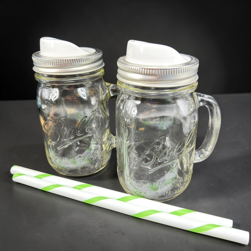 Ball Drinking Mason Jar Mugs Cups with Sip Lids and Straws Clear Glass 14oz Set2